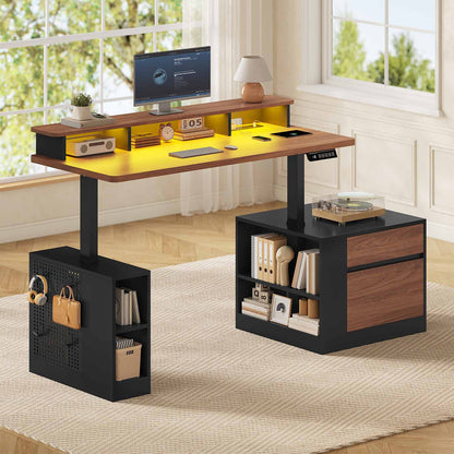 70" Electric Standing Desk with Storage LED Lights & Power Black&Walnut