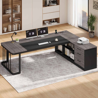 78.7" L Shaped Executive Desk with Drawers Storage Shelves Grey