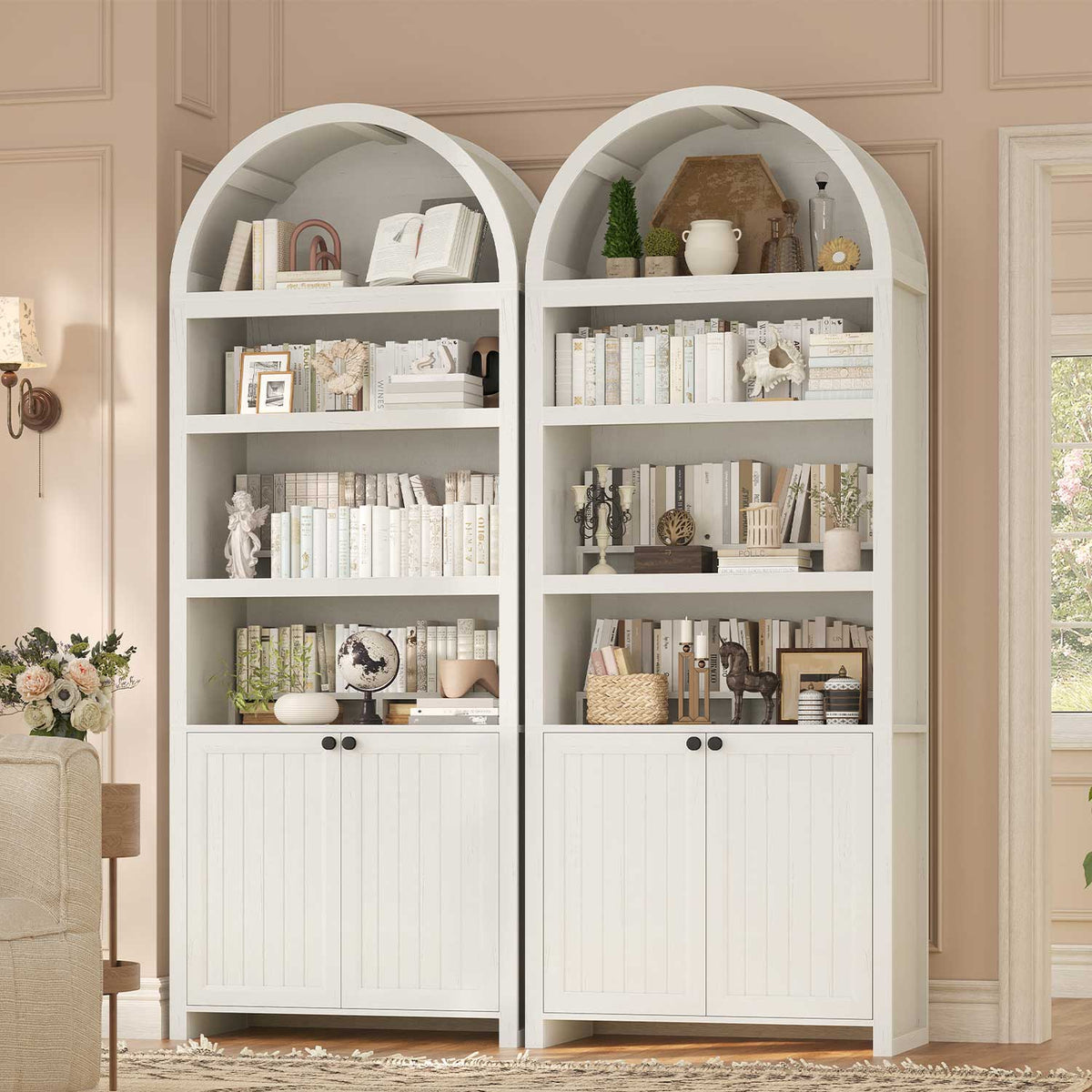 81" Arched Bookcase with Adjustable Shelves and Cabinet Antique White