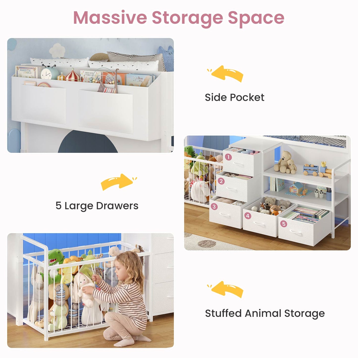 Twin Size Low Loft Bed with Storage Shelves Drawers and LED Lights White