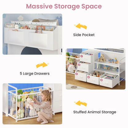 Twin Size Low Loft Bed with Storage Shelves Drawers and LED Lights White