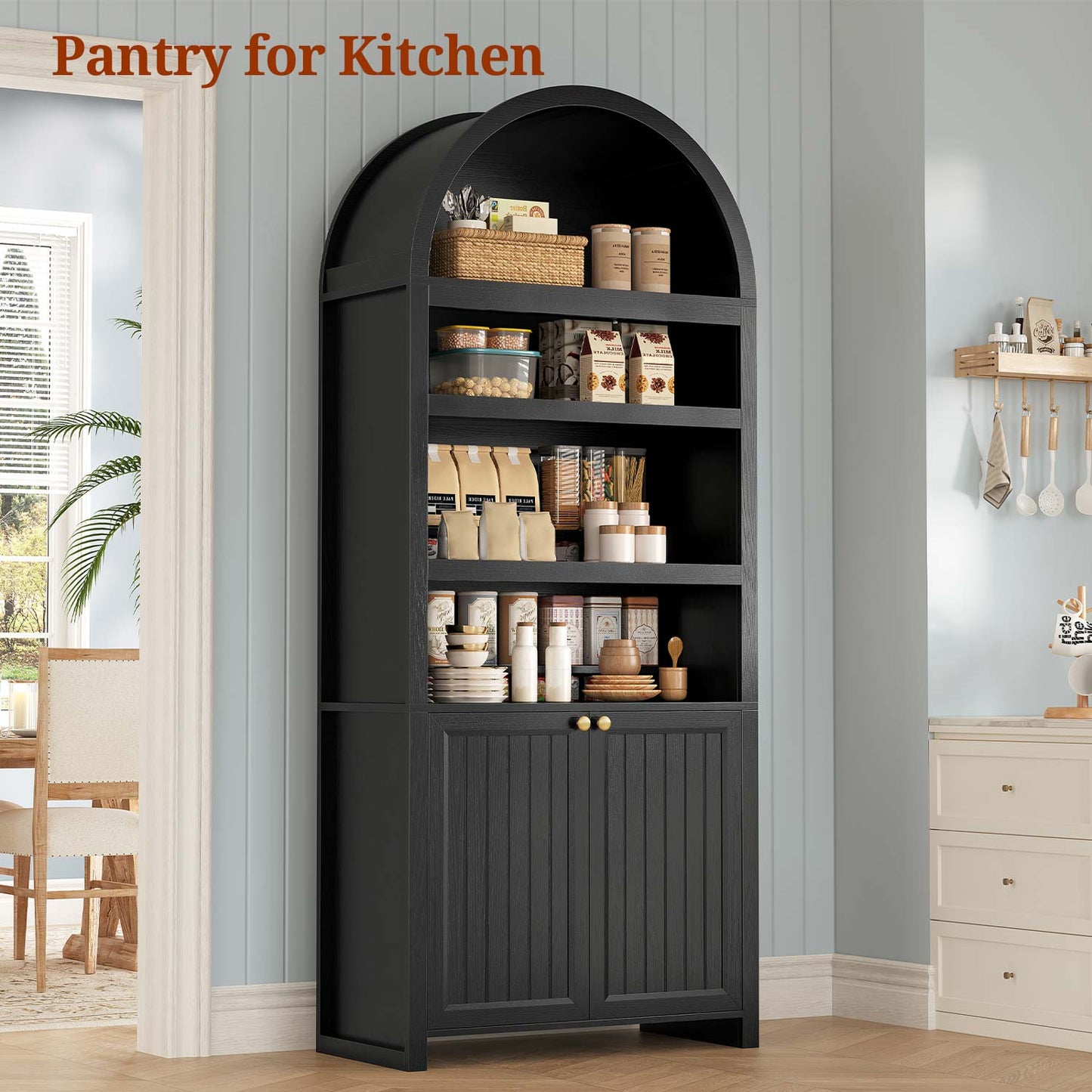 81 Inches Tall Arched 6-Tier Bookcase with Door Black