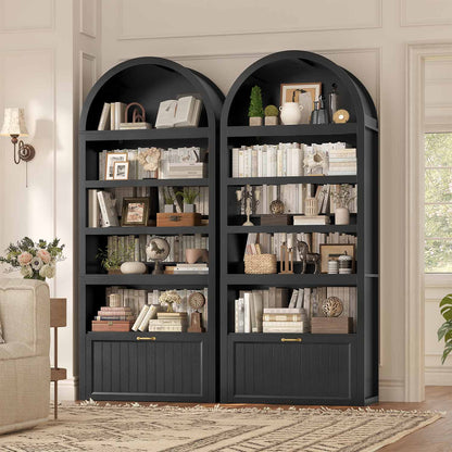 81" Arched Bookcase with 6-Tier Storage & Cabinet Black