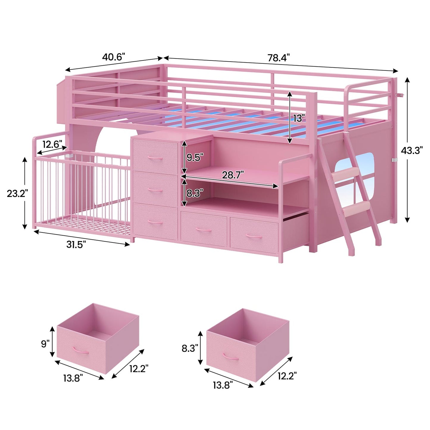 Twin Size Low Loft Bed with Storage Shelves Drawers and LED Lights Pink