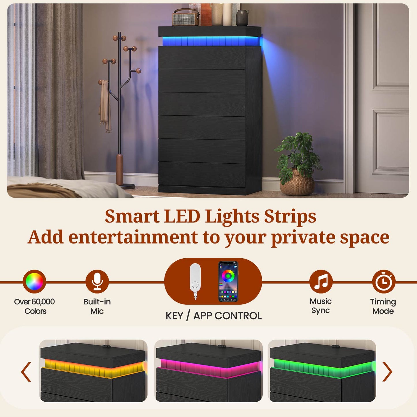 Tall Black 6 Dresser with Sliding Top Storage Space