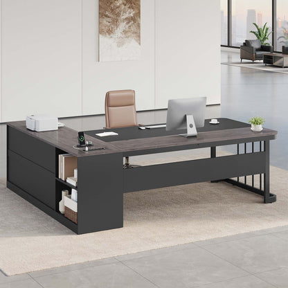 71" Modern L Shaped Executive Desk with Drawers & Storage Shelves Grey