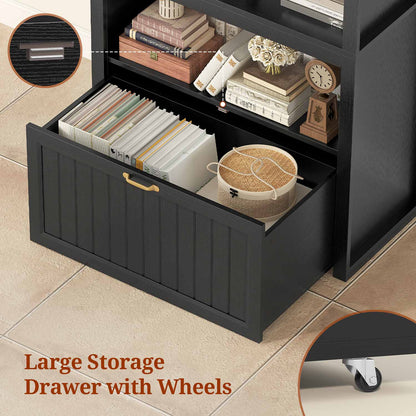 81" Arched Bookcase with 6-Tier Storage & Cabinet Black