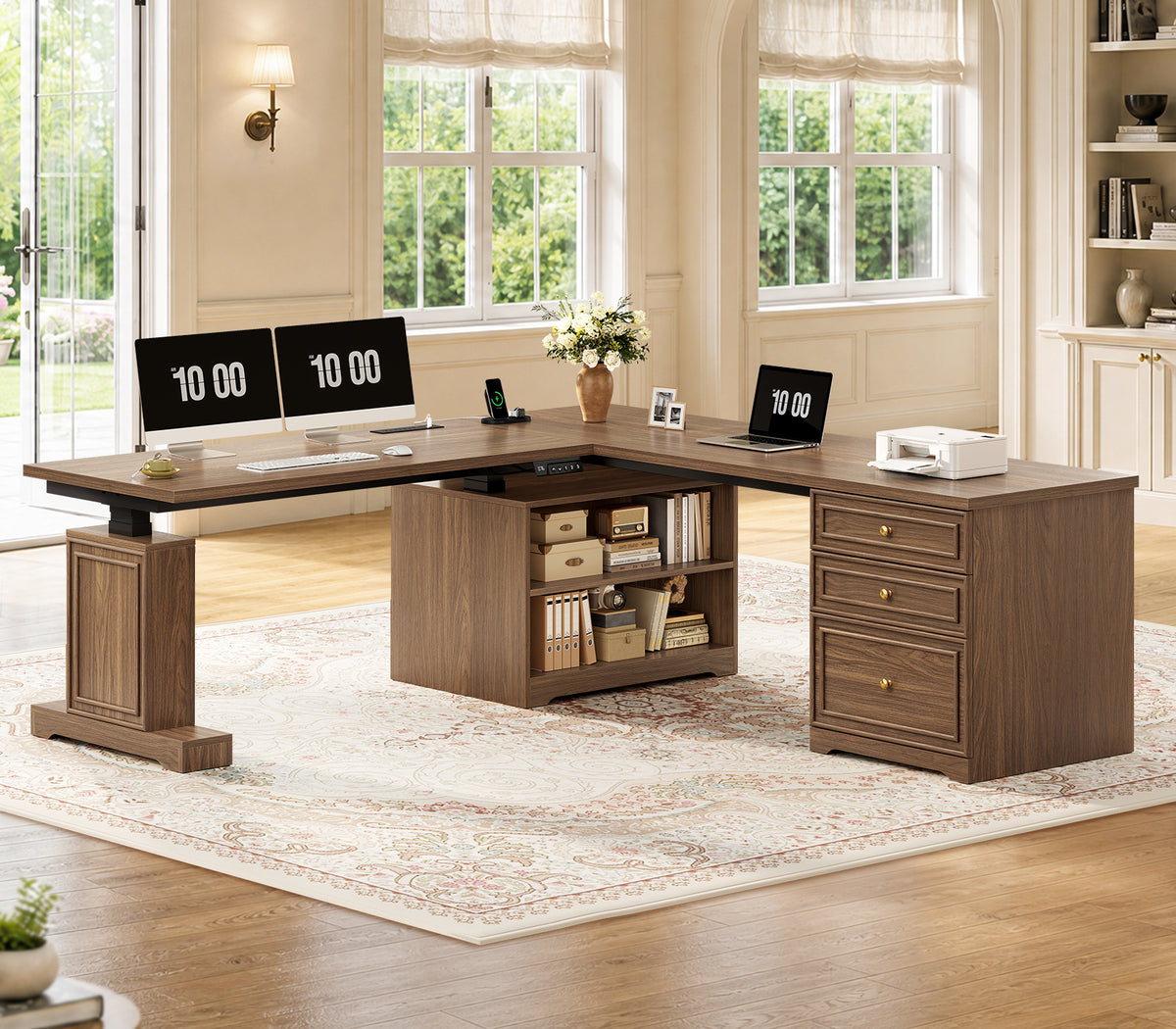 67"x 67" L Shaped Standing Desk with 3 Drawers & Storage Shelves Walnut