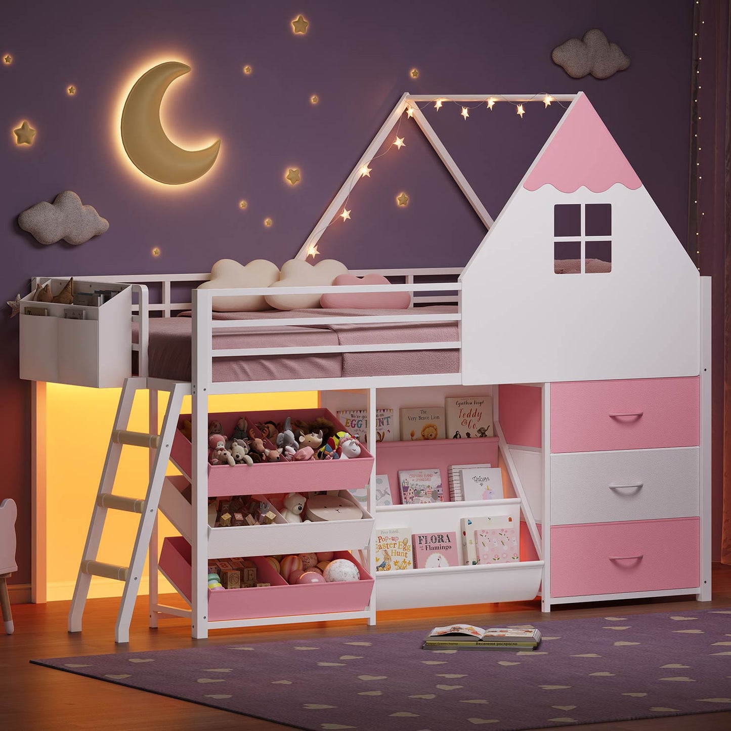 White and Pink Low Loft Bed with LED Lights, Bookshelf, and Toy Storage Bin