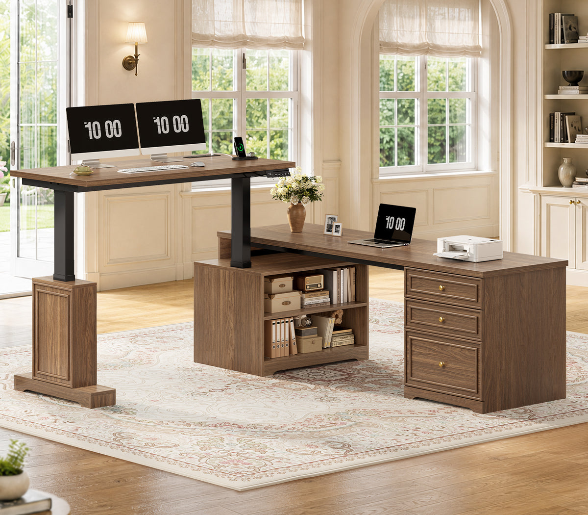 67"x 67" L Shaped Standing Desk with 3 Drawers & Storage Shelves Walnut