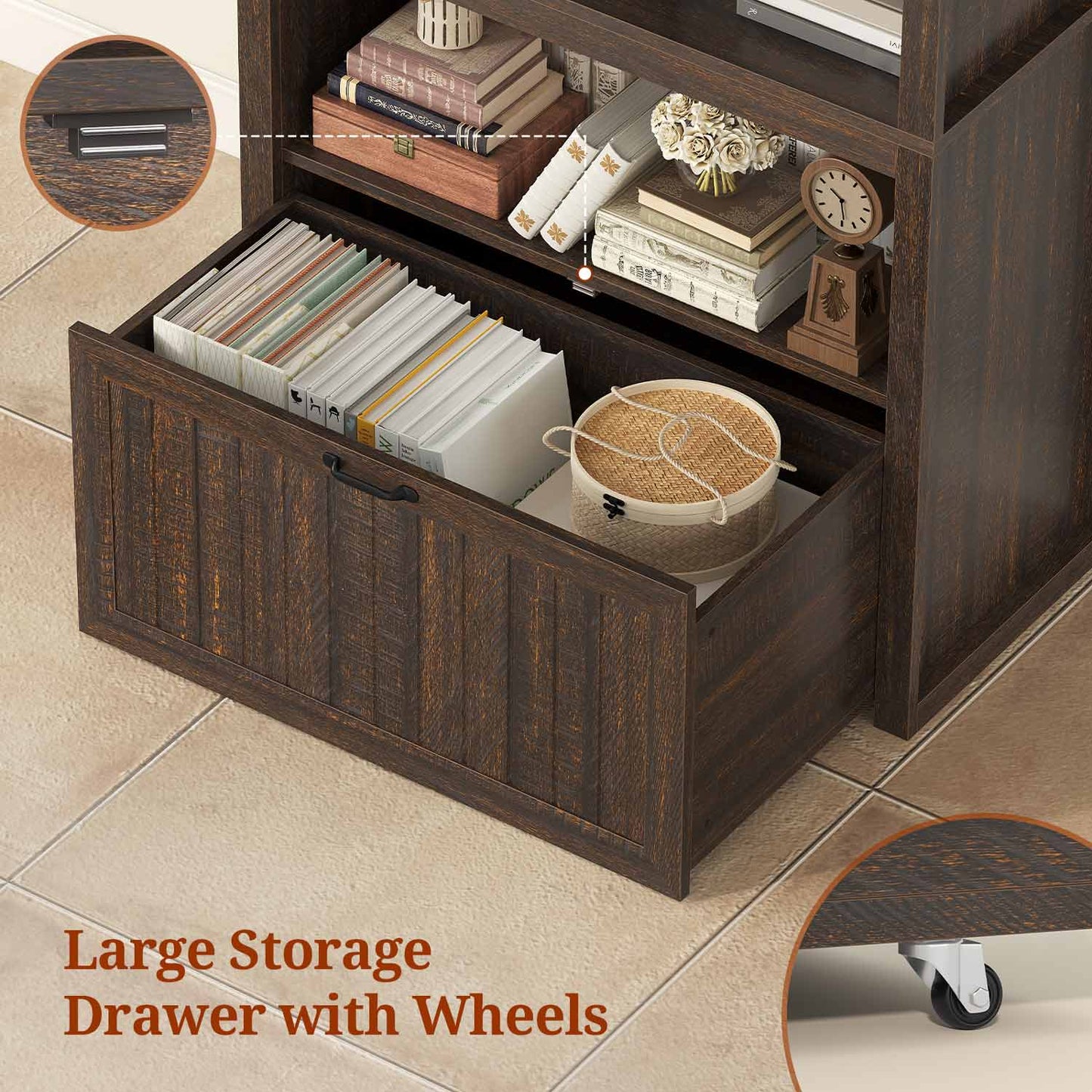 Arched Bookcase with Drawer storage & 2 Book Risers  Walnut 