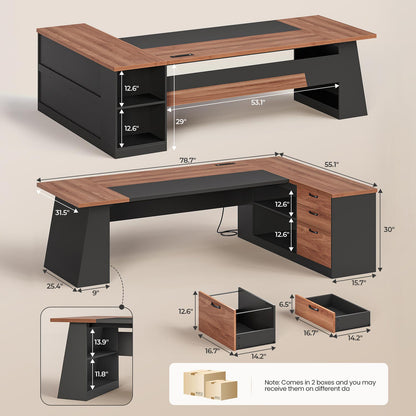 78.7 Inch L Shaped Executive Desk with Power Outlets and Storage Walnut