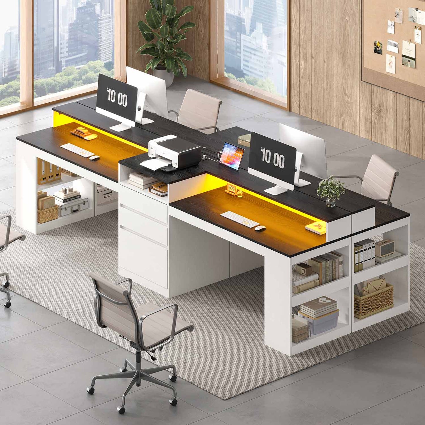 2 Person Desk with File Drawers ＆ Storage White