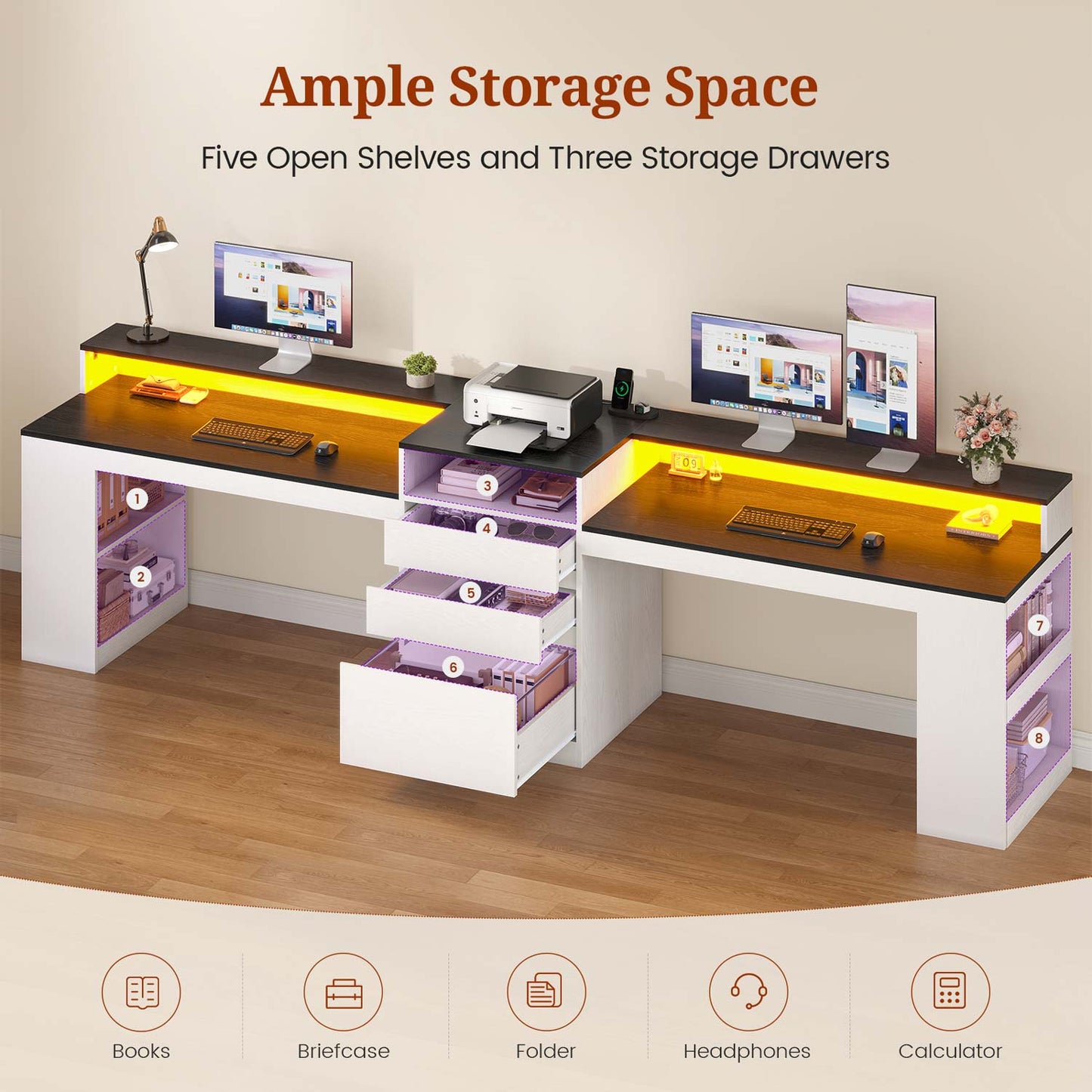 2 Person Desk with File Drawers ＆ Storage White