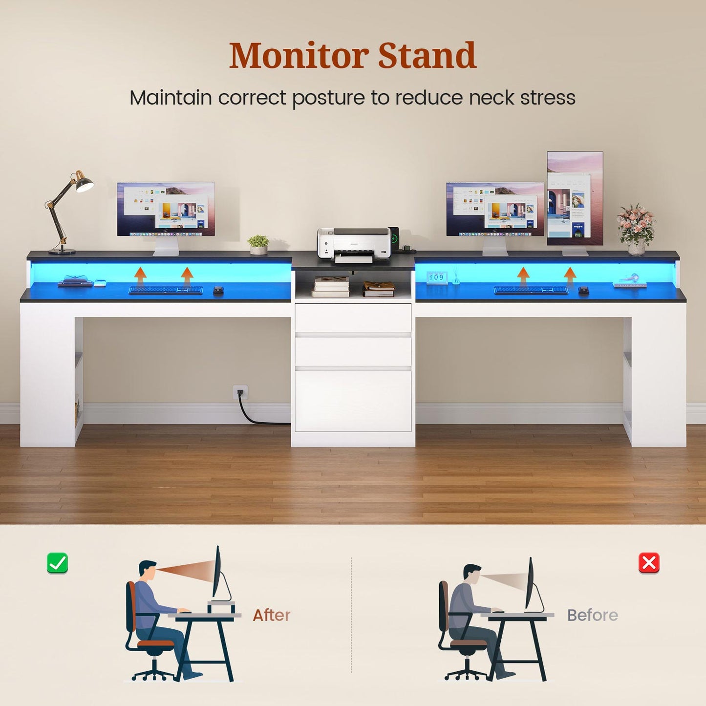 2 Person Desk with File Drawers ＆ Storage White
