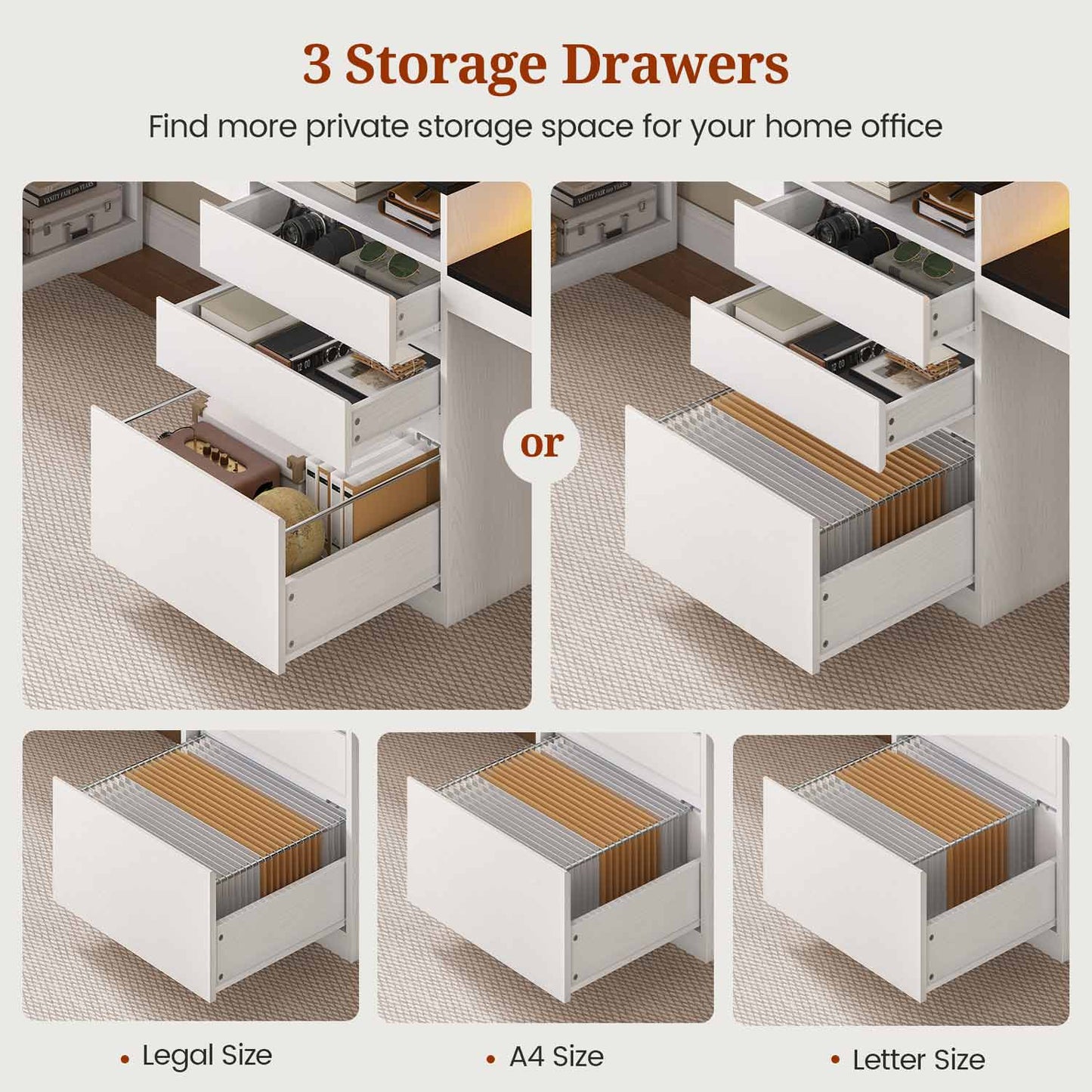 2 Person Desk with File Drawers ＆ Storage White