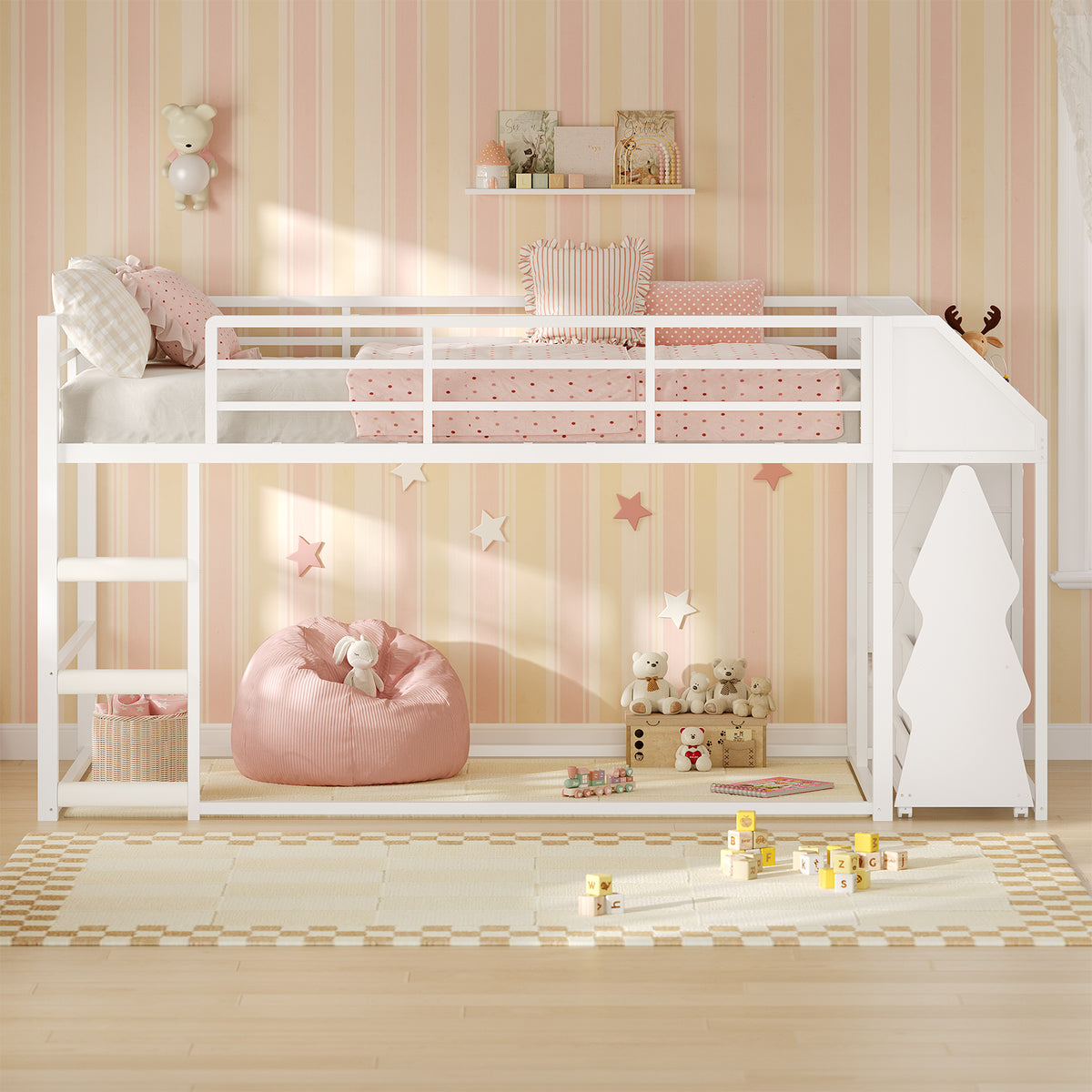 Twin Loft Bed with RGB Lights and Storage Drawers White