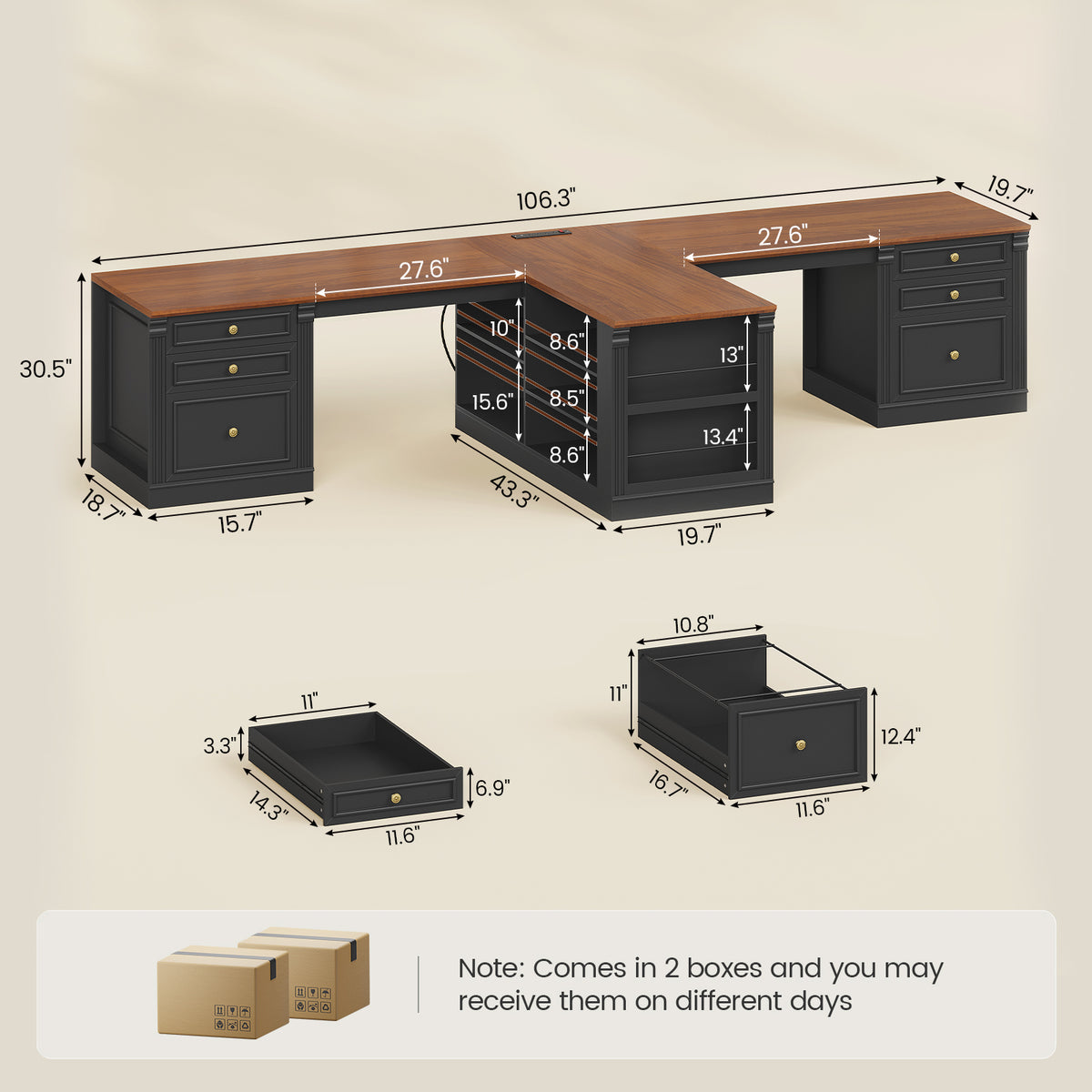 106.3 Inch Two Person Desk T Shaped Workstation Black and Brown