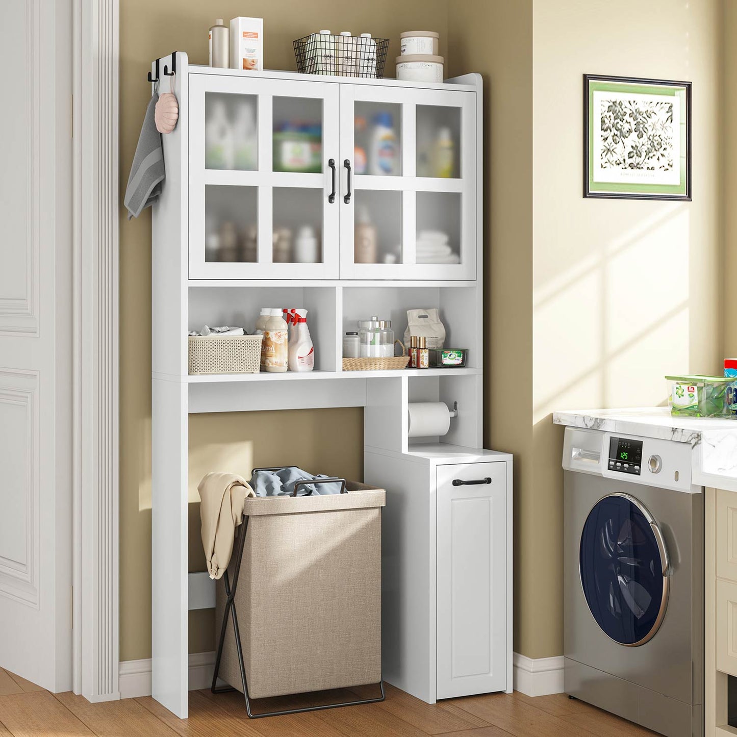 Over The Toilet Storage Cabinet with Frosted Mirror and Pulley White