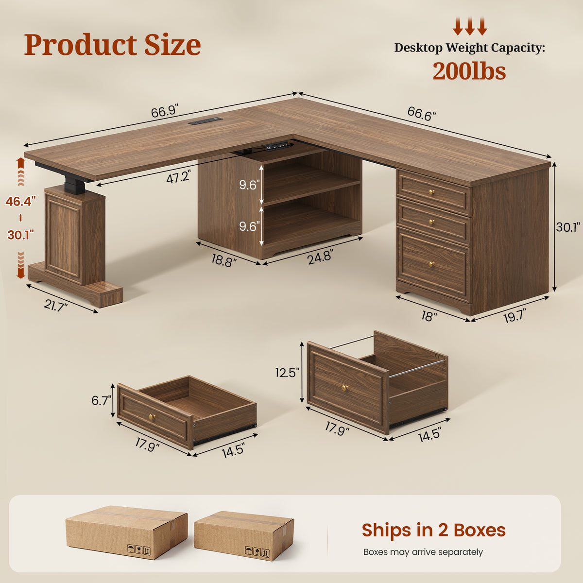 67"x 67" L Shaped Standing Desk with 3 Drawers & Storage Shelves Walnut