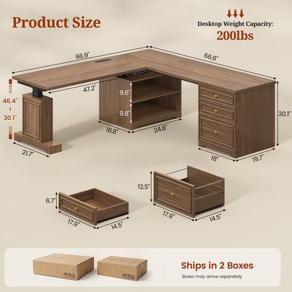 67"x 67" L Shaped Standing Desk with 3 Drawers & Storage Shelves Walnut