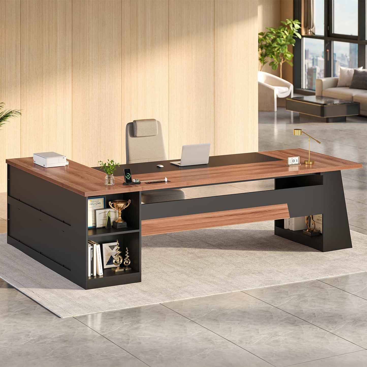78.7 Inch L Shaped Executive Desk with Power Outlets and Storage Walnut