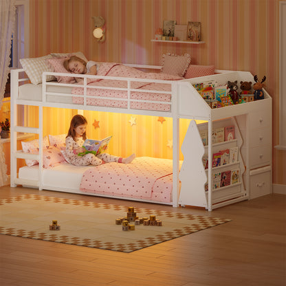 Twin Loft Bed with RGB Lights and Storage Drawers White