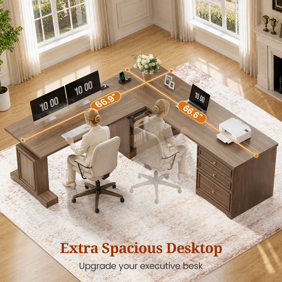 67"x 67" L Shaped Standing Desk with 3 Drawers & Storage Shelves Walnut