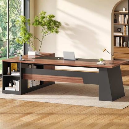 78.7 Inch L Shaped Executive Desk with Power Outlets and Storage Walnut
