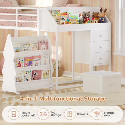 Twin Loft Bed with RGB Lights and Storage Drawers White