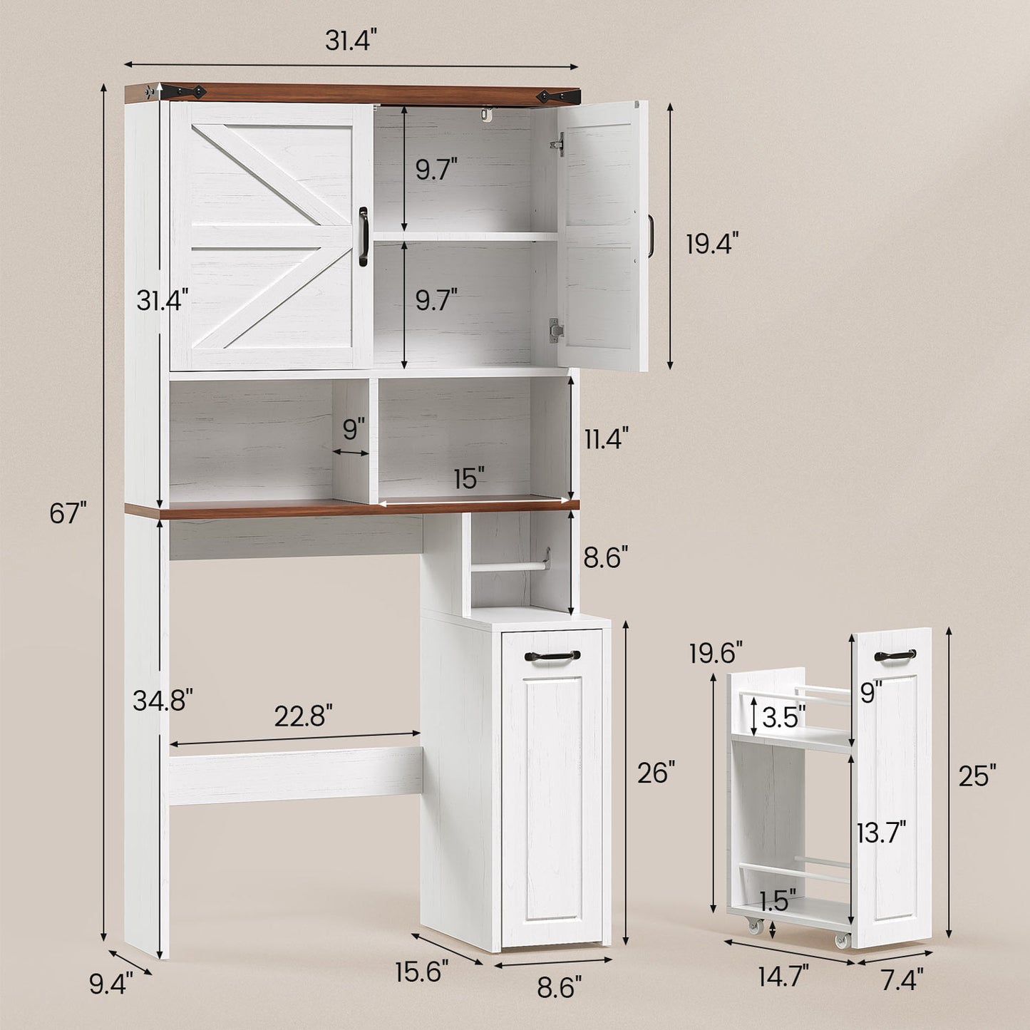 Farmhouse Over The Toilet Storage Cabinet with Pulley White