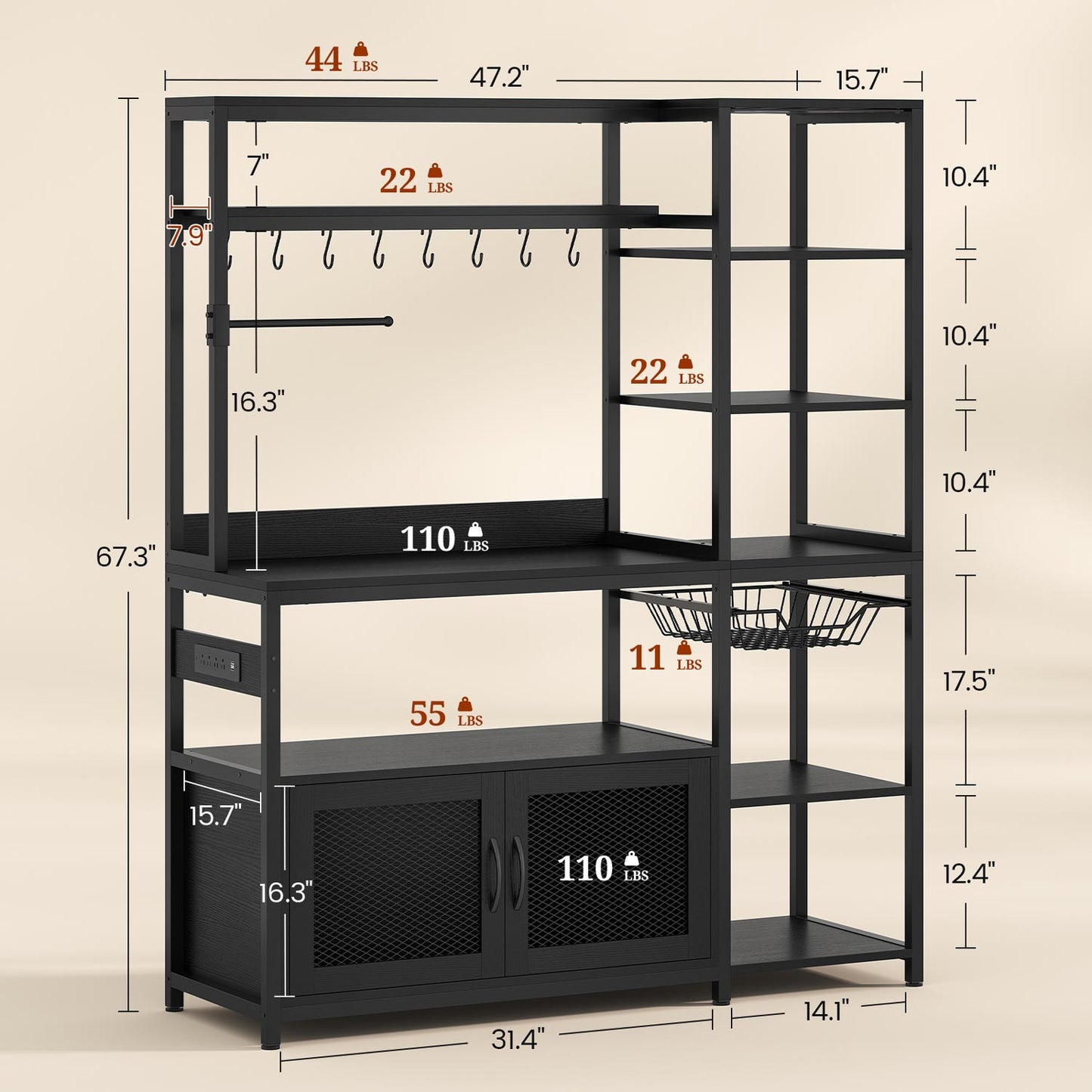 47.2 in Bakers Rack with Storage Shelves Black