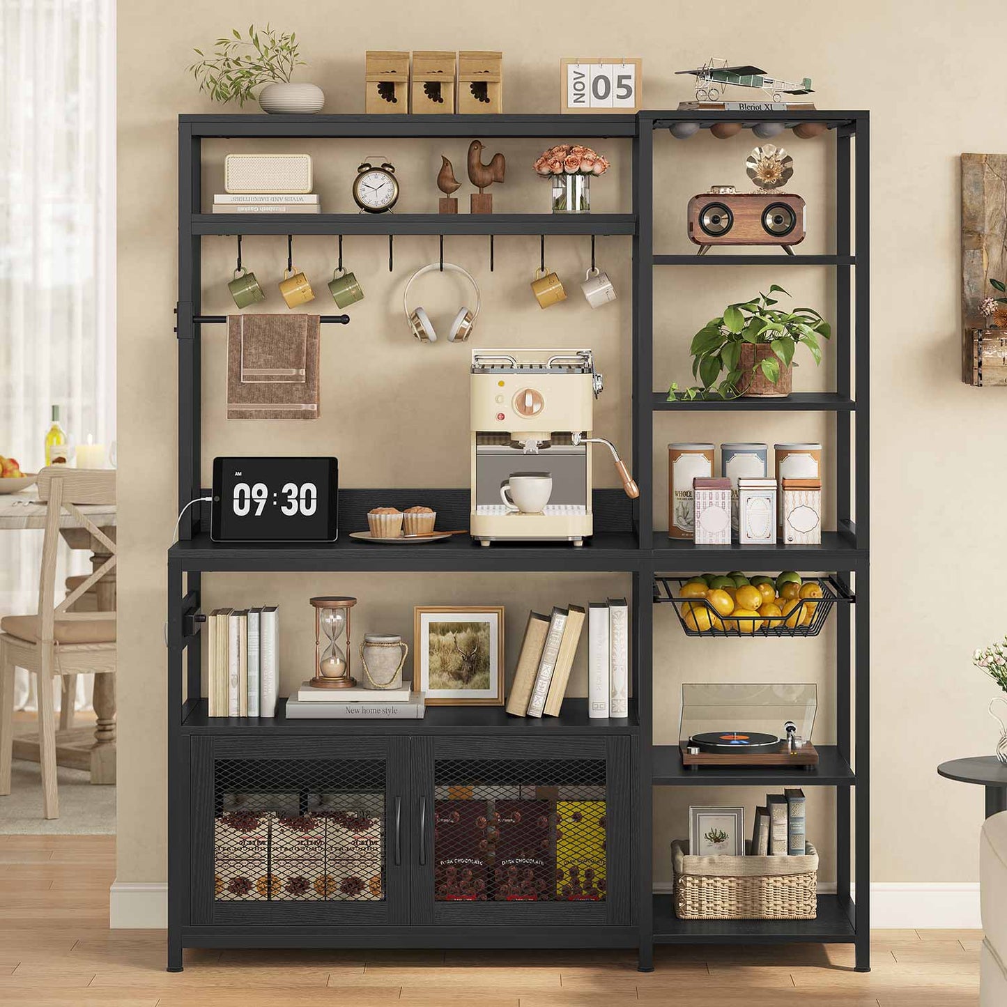 47.2 in Bakers Rack with Storage Shelves Black