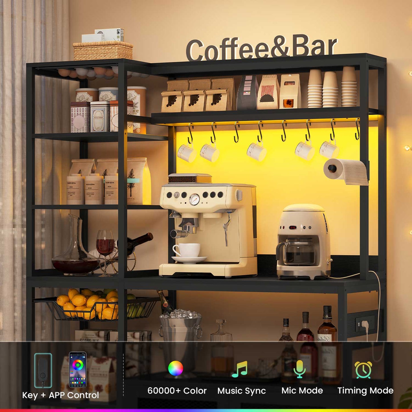 47.2 in Bakers Rack with Storage Shelves Black