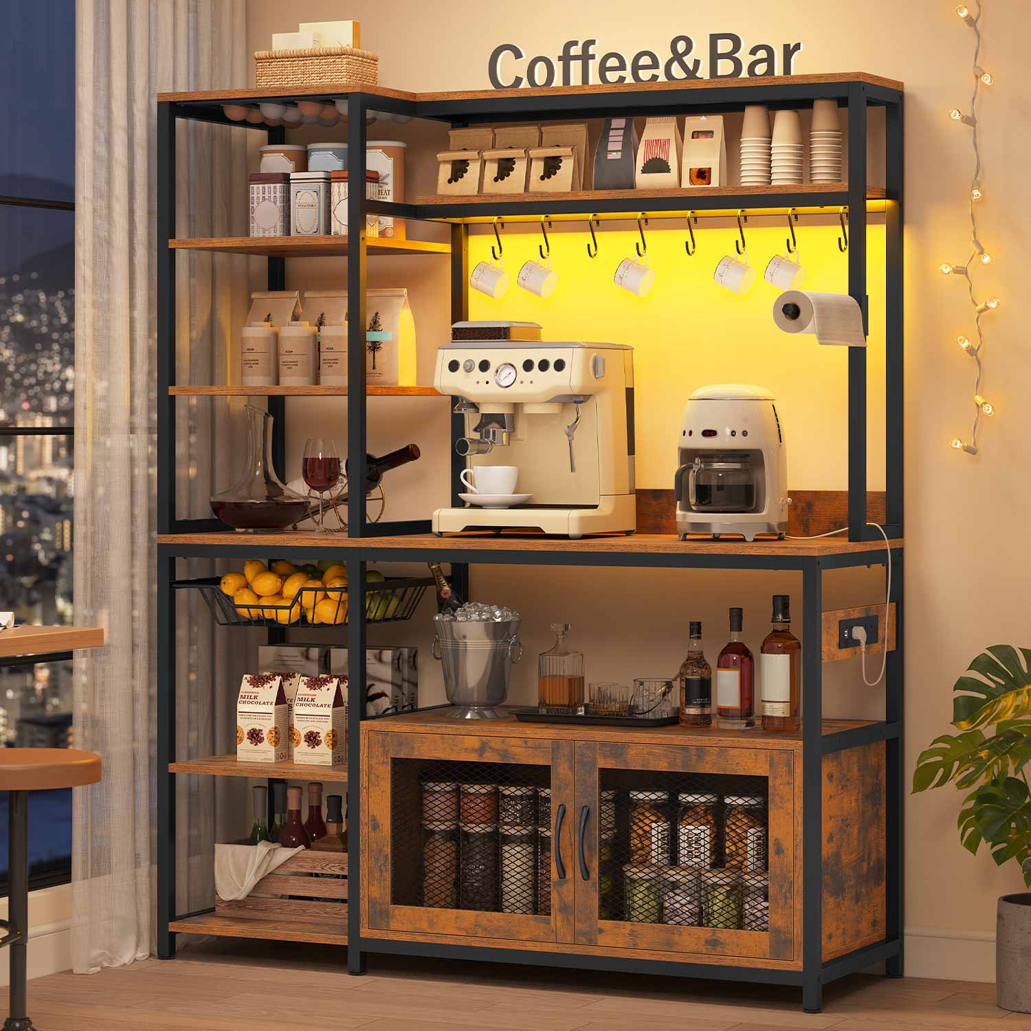 47.2 in Bakers Rack with Storage Shelves Rustic Brown