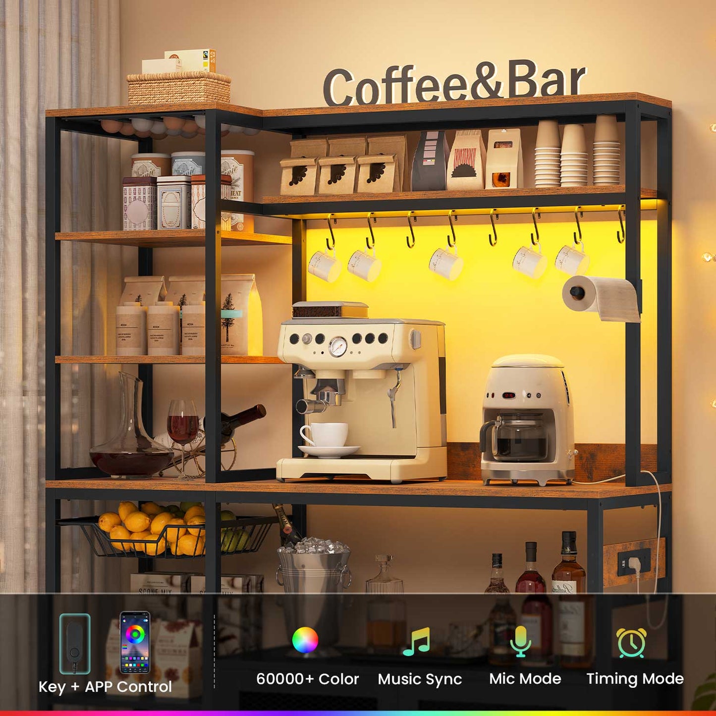 47.2 in Bakers Rack with Storage Shelves Rustic Brown