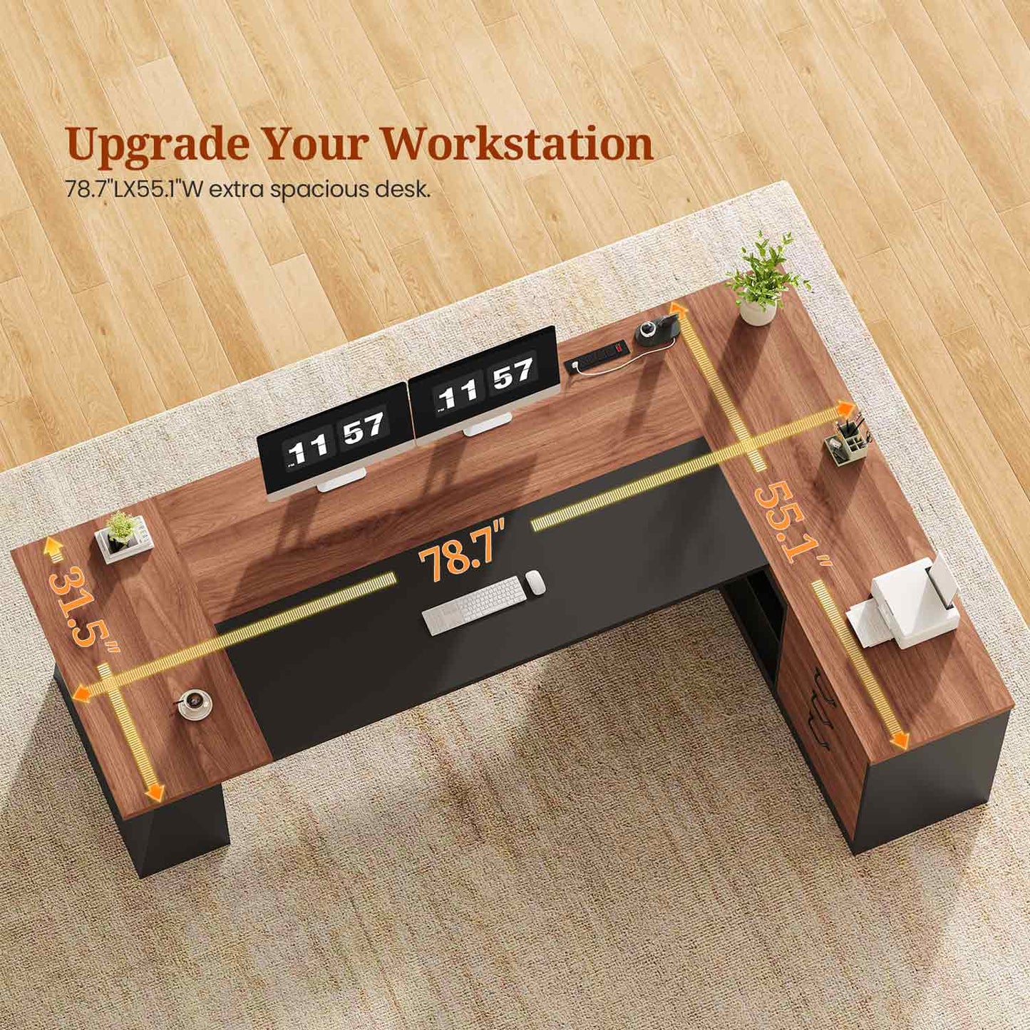 78.7 Inch L Shaped Executive Desk with Power Outlets and Storage Walnut