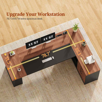 78.7 Inch L Shaped Executive Desk with Power Outlets and Storage Walnut