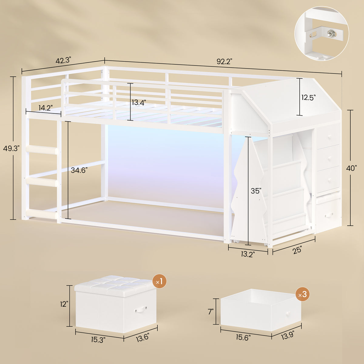 Twin Loft Bed with RGB Lights and Storage Drawers White