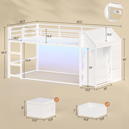 Twin Loft Bed with RGB Lights and Storage Drawers White