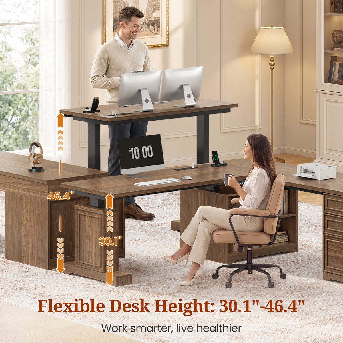 67"x 67" L Shaped Standing Desk with 3 Drawers & Storage Shelves Walnut