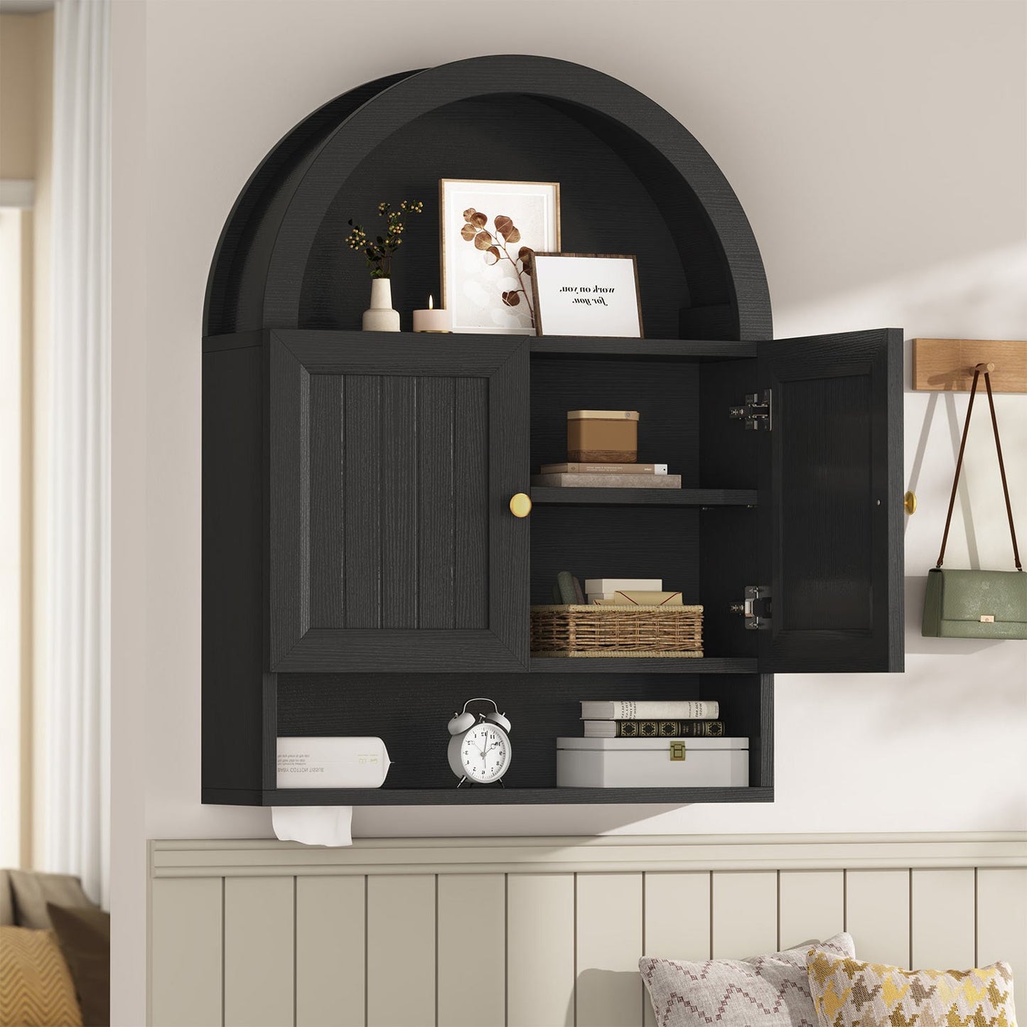 Arched Bathroom Wall Cabinet with Adjustable Shelves Black