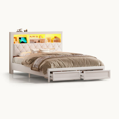 53.4"Tall Bed Frame with  LED Bed Frame & 2 Storage Drawers White