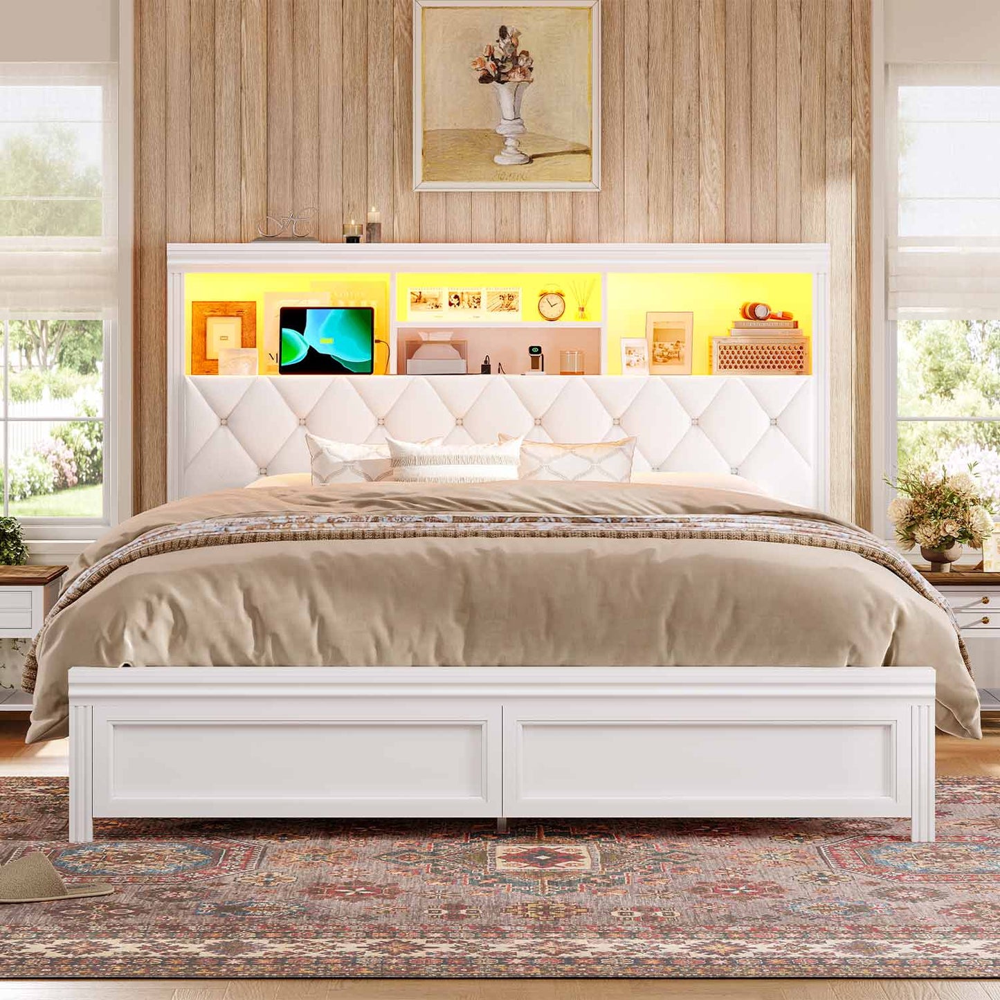 53.4"Tall Bed Frame with  LED Bed Frame & 2 Storage Drawers White