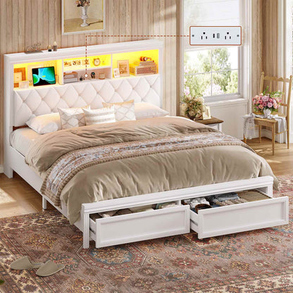 53.4"Tall Bed Frame with  LED Bed Frame & 2 Storage Drawers White