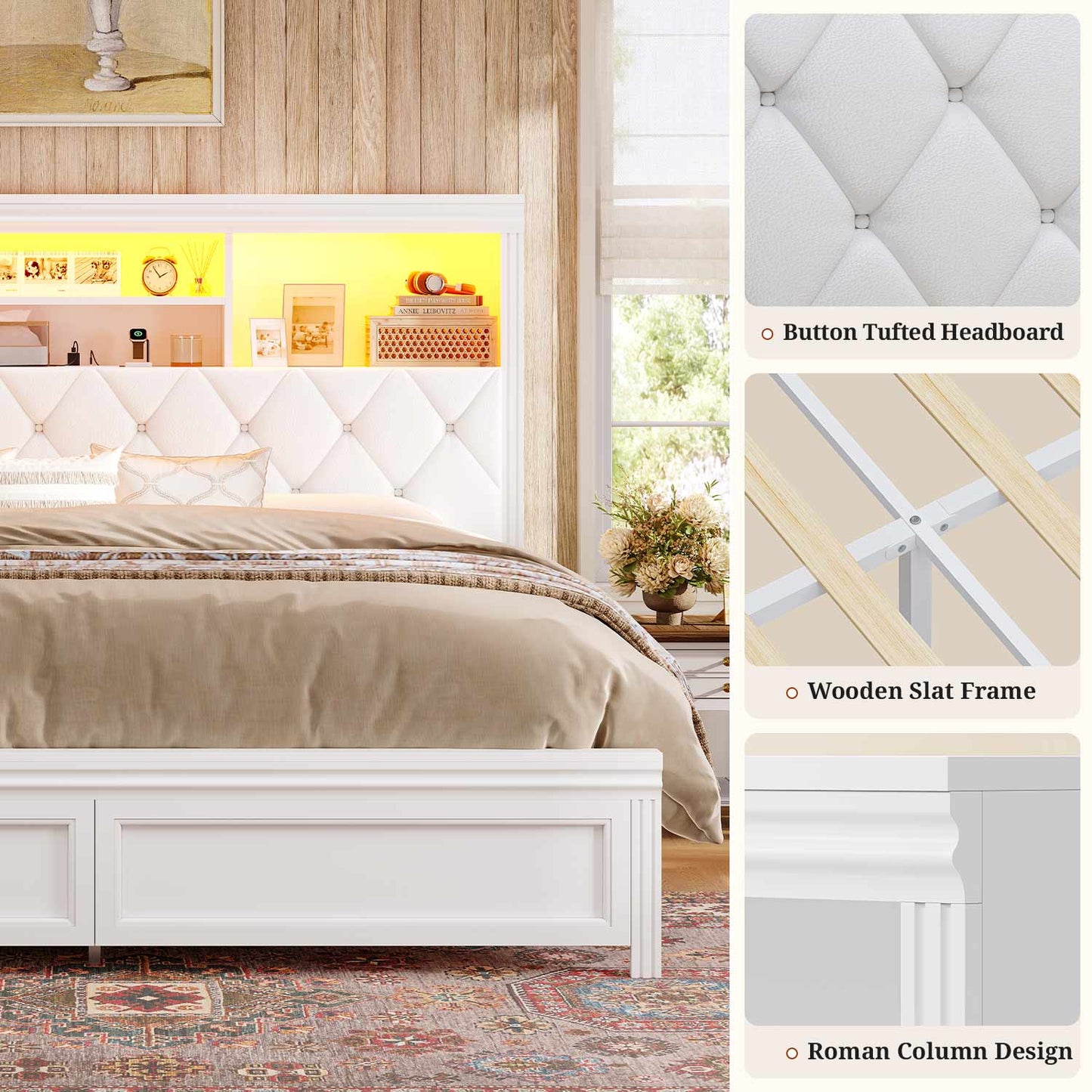 53.4"Tall Bed Frame with  LED Bed Frame & 2 Storage Drawers White