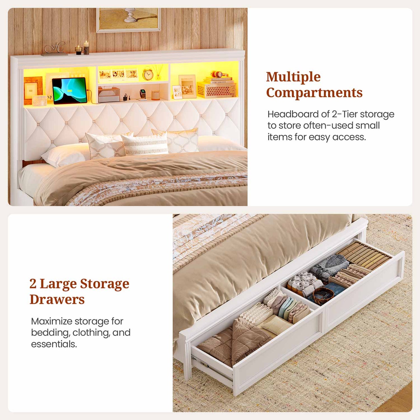 53.4"Tall Bed Frame with  LED Bed Frame & 2 Storage Drawers White