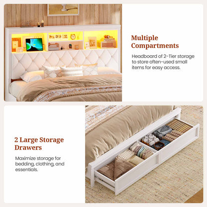 53.4"Tall Bed Frame with  LED Bed Frame & 2 Storage Drawers White