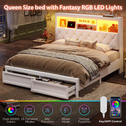 53.4"Tall Bed Frame with  LED Bed Frame & 2 Storage Drawers White