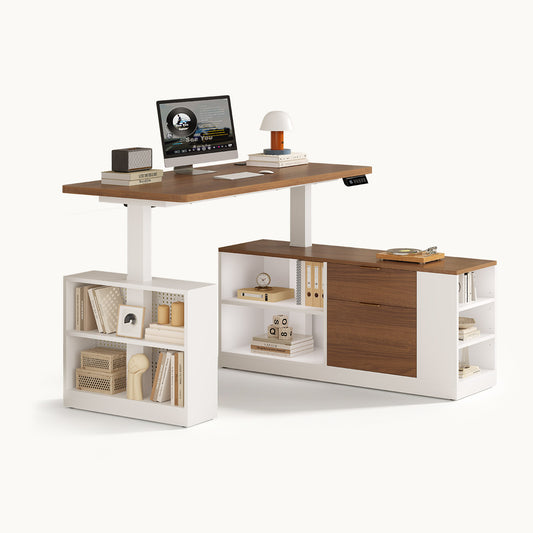 Adjustable Height Electric Standing Desk with File Drawers White & Walnut